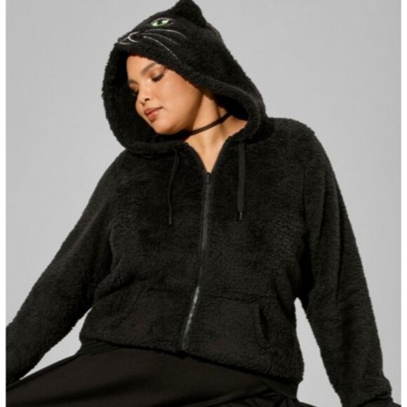 Torrid Tops - Torrid Black Zip Up Fuzzy Cat Face Hoodie Plus Size 2X
